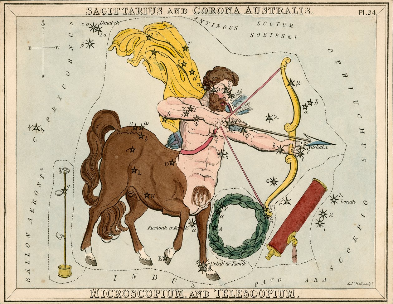 Střelec a Corona Australis. Microscopium and Telescopium., asi 1825 (karta, papír, tkanivo) od Sydney Hall