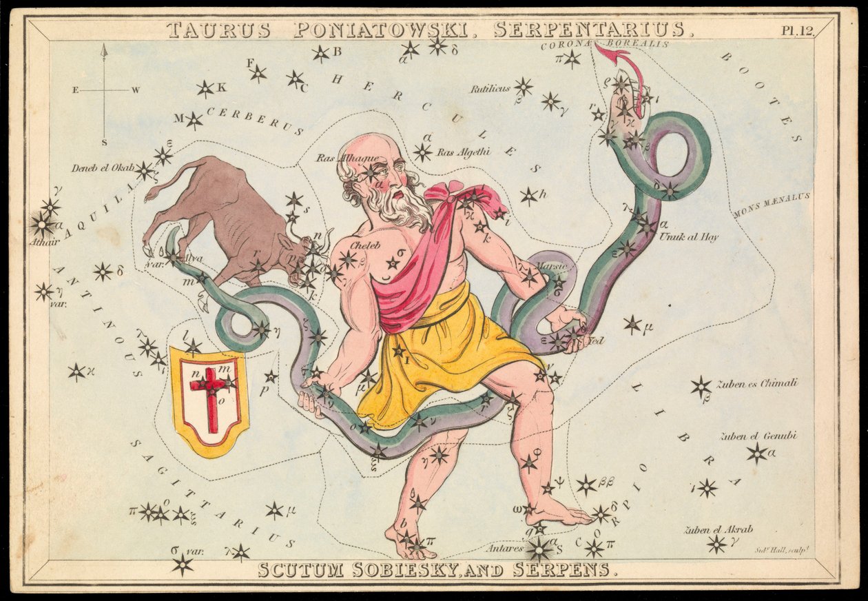 Taurus Poniatowski, Serpentarius, Scutum Sobiesky a Serpens, asi 1825 (karta, papír, tkanivo) od Sydney Hall