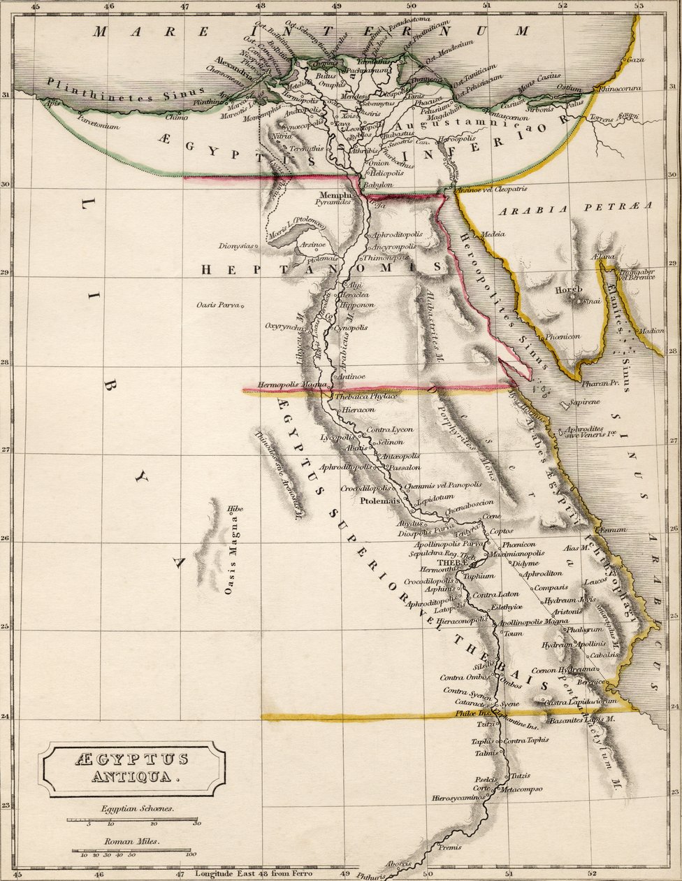 Mapa Aegyptus Antiqua (starověký Egypt), nakreslená a vyrytá Sydney Hall, kolem roku 1826 od Sydney Prior Hall