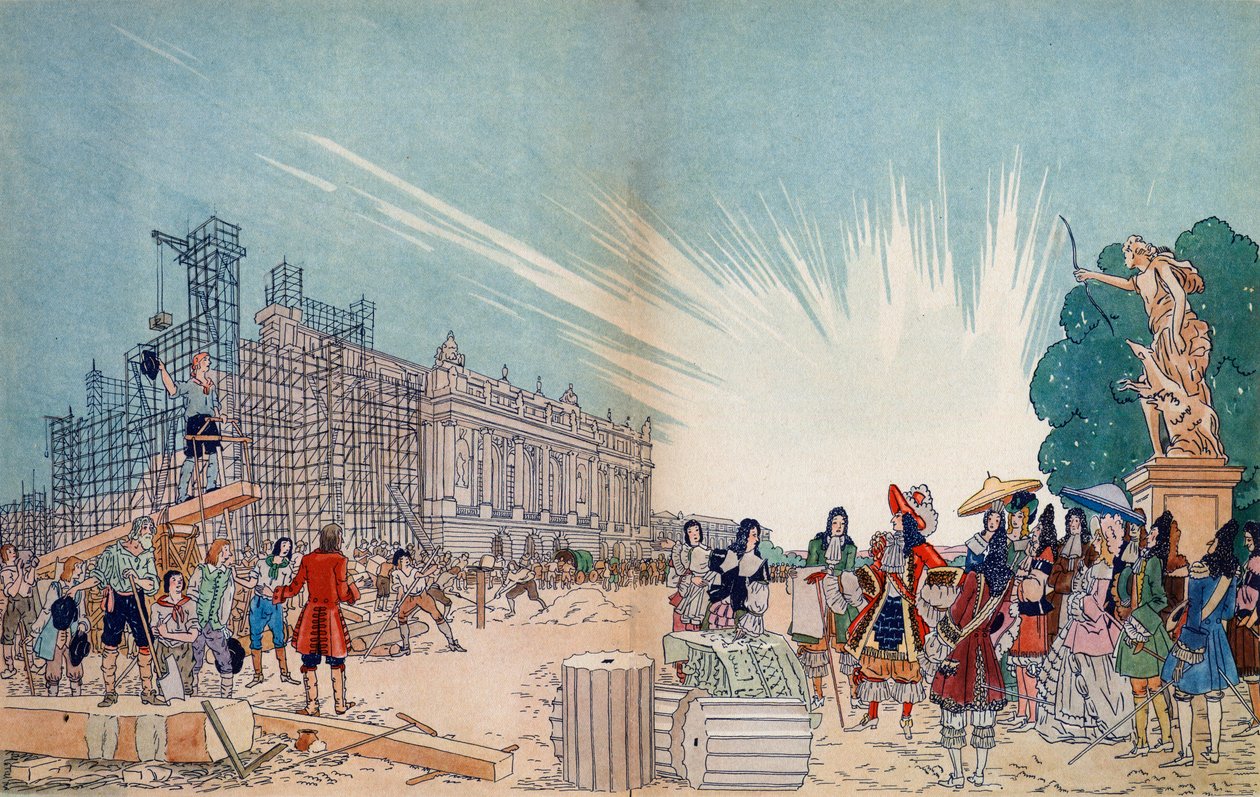 Stavba zámku ve Versailles v roce 1678 podle plánů Julese Hardouina Mansarta, v popředí francouzský král Ludvík XIV. - Ilustrace Sylvaina Sauvage (1888-1948) pro časopis Th. od Sylvain Sauvage