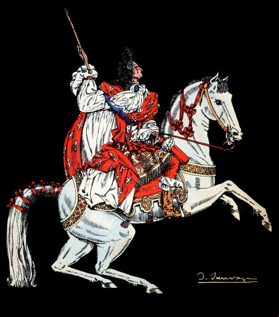 Jezdecký portrét francouzského krále Ludvíka XIV (1638-1715) - Ilustrace Sylvaina Sauvage (1888-1948) pro knihu "Ludvík XIV" od Frantze Funck-Brentana (1862-1947) z roku 1938 - Pozor! Použití tohoto od Sylvain Sauvage