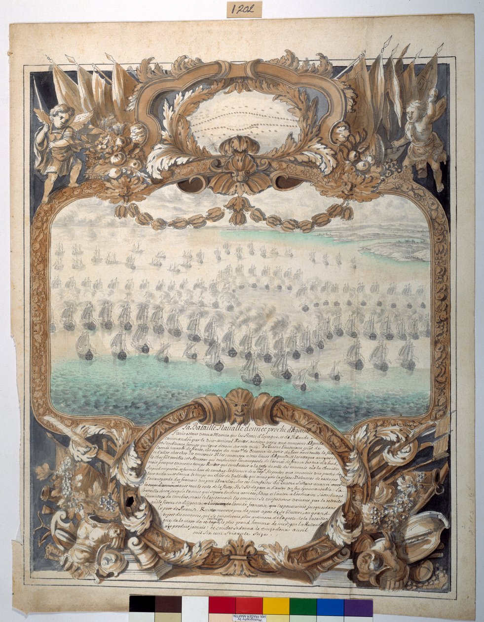 Námořní bitva u Agouste, 22. dubna 1676 (černý inkoust a mapovací pero s akvarelem na papíře) od Sylvain Bonnet