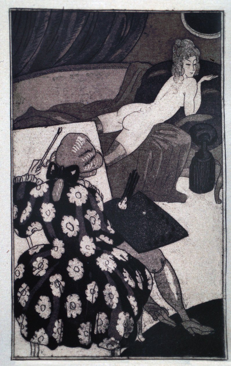 Erotika: Giacomo Casanova (1725-1798) zobrazující svou protáhlou milenku liknavě nahou na pohovce (lept) od Sylvain Sauvage