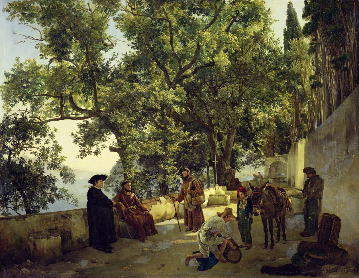 Veranda u mořského pobřeží, kapucínští mniši na předměstí Sorrenta, 1827 od Sylvester F. Shedrin