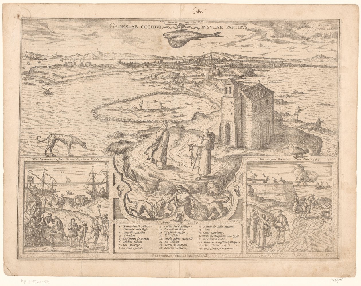 Pohled na výběžek Cádiz Gades ab occiduis insulae partibus (titul na předmětu) od Symon Novelanus (possibly)