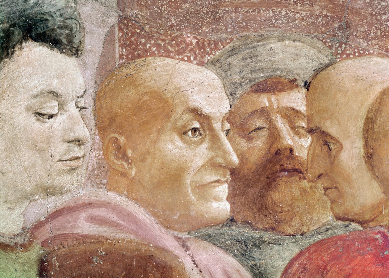 Detail hlav mužů nalevo od císaře, ze Vzkříšení Theophilova syna a svatého Petra na trůn prvního biskupa Antiochie, kolem roku 1427 a kolem roku 1484-85 (detail roku 63302) od Tommaso Masaccio