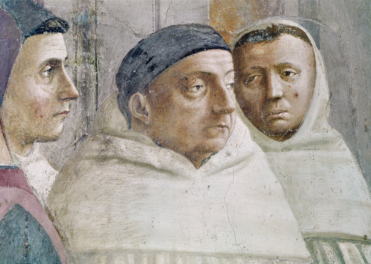Detail dvou mnichů ze Vzkříšení Theophilova syna a svatého Petra intronizovaného jako prvního biskupa Antiochie, kolem roku 1427 a kolem roku 1484-85 (detail 63302) od Tommaso Masaccio