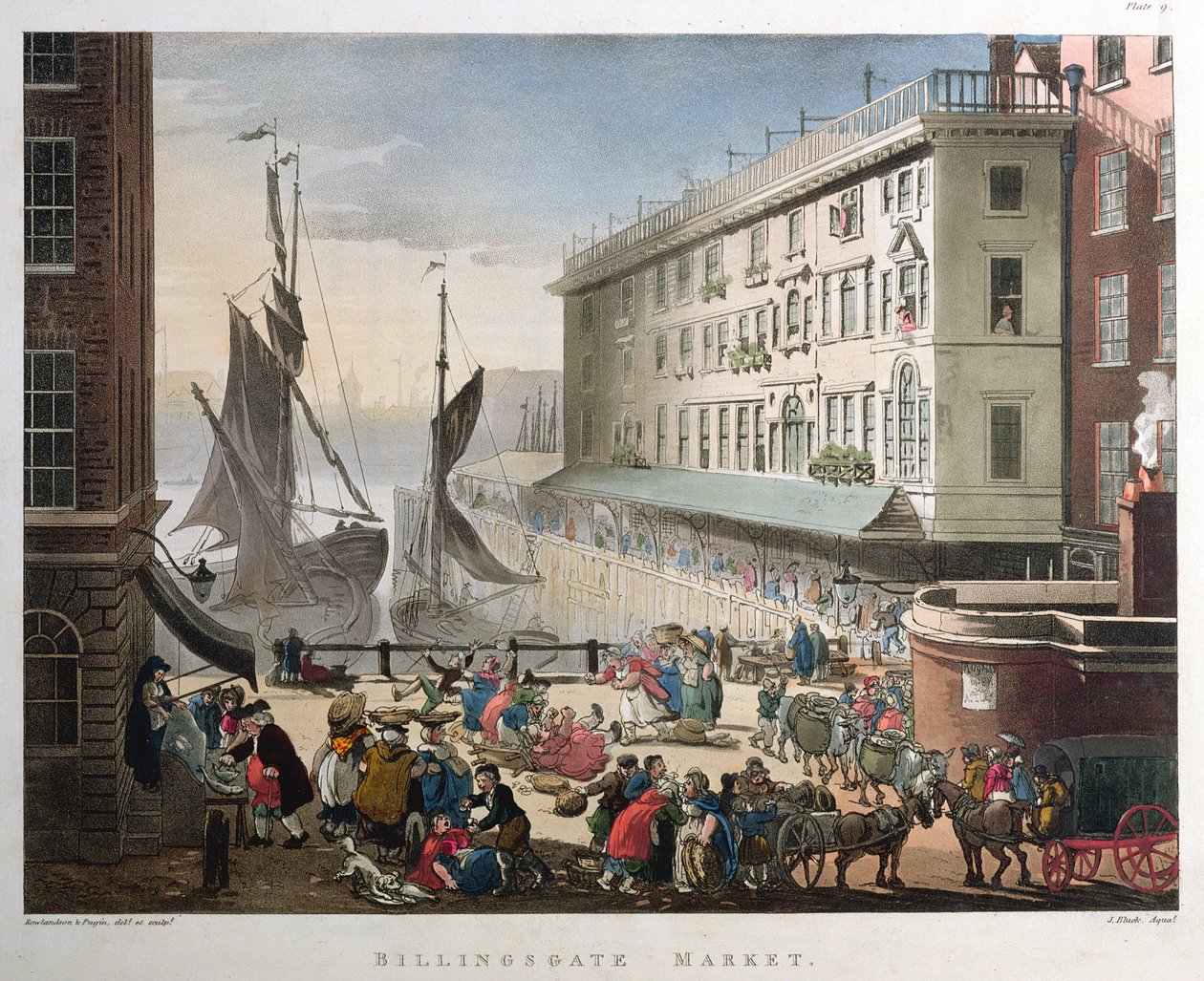 Billingsgate Market, Londýn, zveřejněno 1. března 1808 (akvatinta) od Pugin and Rowlandson