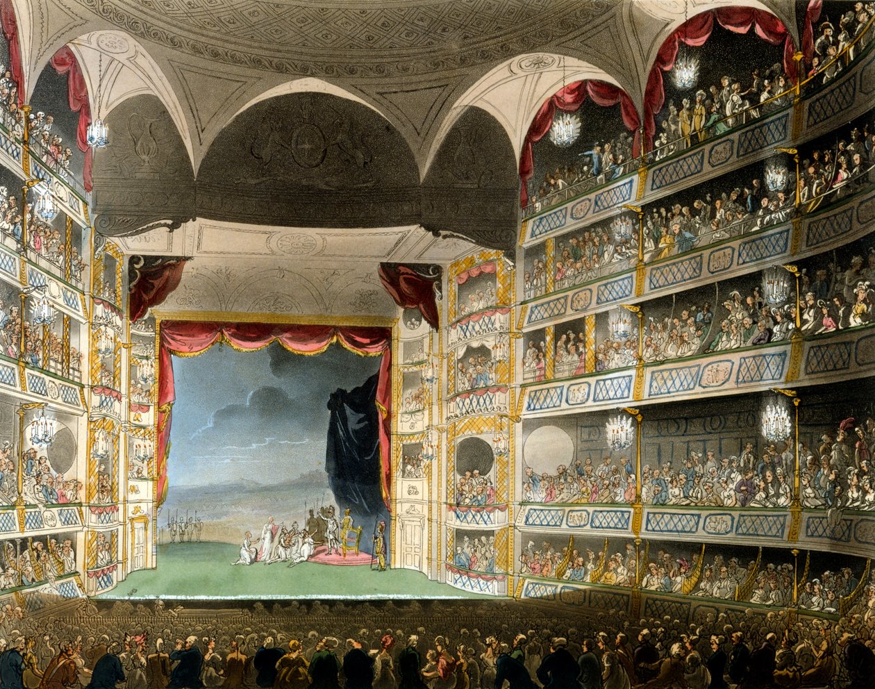 Divadlo Drury Lane, z mikrokosmu Londýna, od R Ackermanna, 1808 (ručně kolorovaná akvatinta) od Pugin and Rowlandson