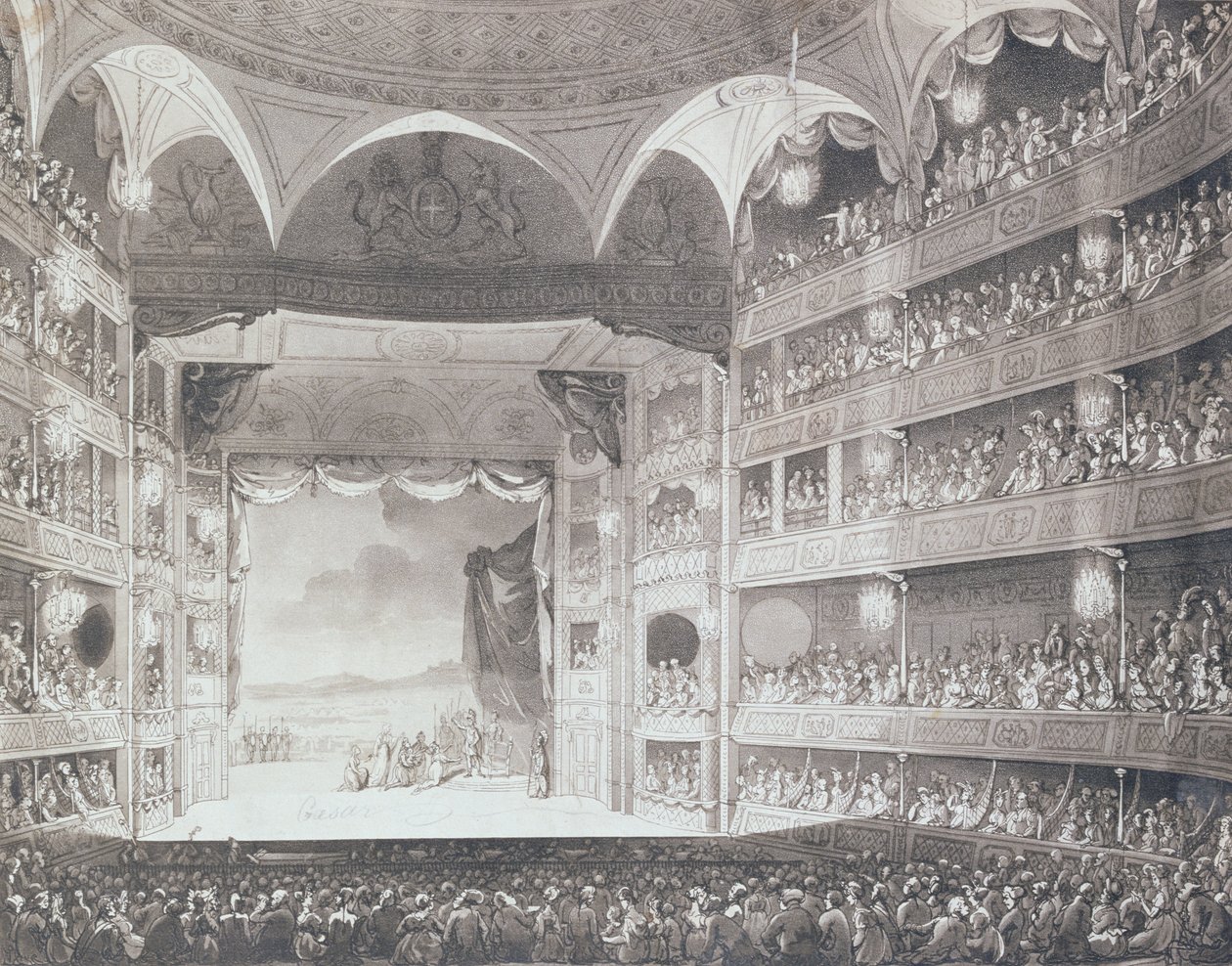 Interiér divadla Drury Lane, Londýn, 1808 (akvatinta) od Pugin and Rowlandson