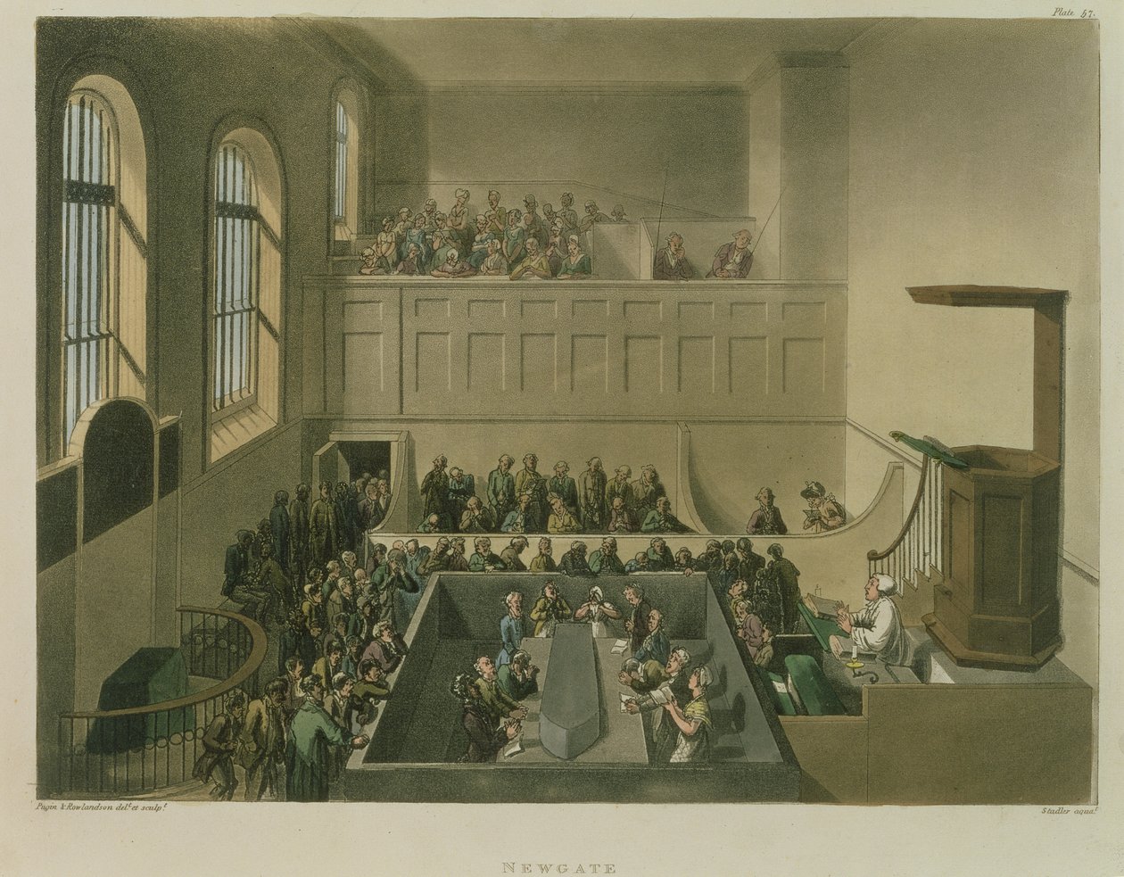 Newgate Chapel, vyryl Joseph Constantine Stadler (fl.1780-1812) hospoda. od R. Ackermanna, 1809 (akvatinta) od Pugin and Rowlandson