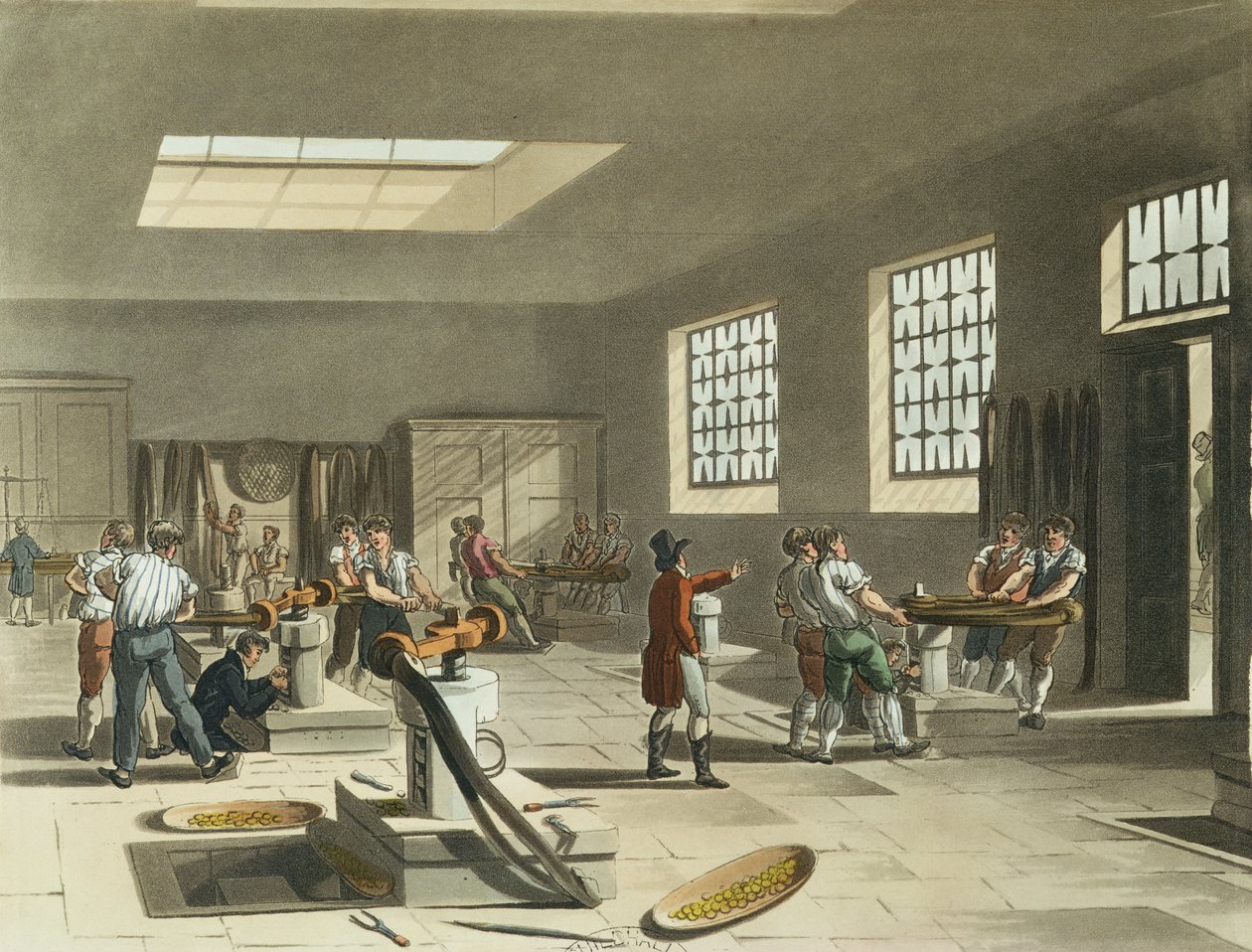 Královská mincovna, razítkovací místnost z Ackermannova „Microkosmu Londýna“ od Pugin and Rowlandson