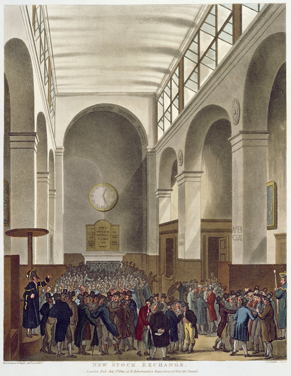 The New Stock Exchange, Bartholomew Lane, z Ackermannova „Microcosm of London“, vydaného v roce 1809 (barevná akvatinta) od Pugin and Rowlandson