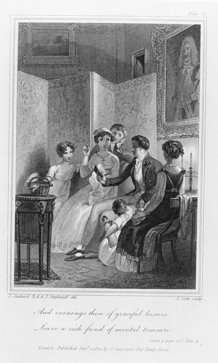 Rodinná scéna - Večer v salonu, z knihy "The Social Day" od Petera Coxe, vyryl J. Scott, vydáno 1822 od T. and Stephanoff, J. Stothard