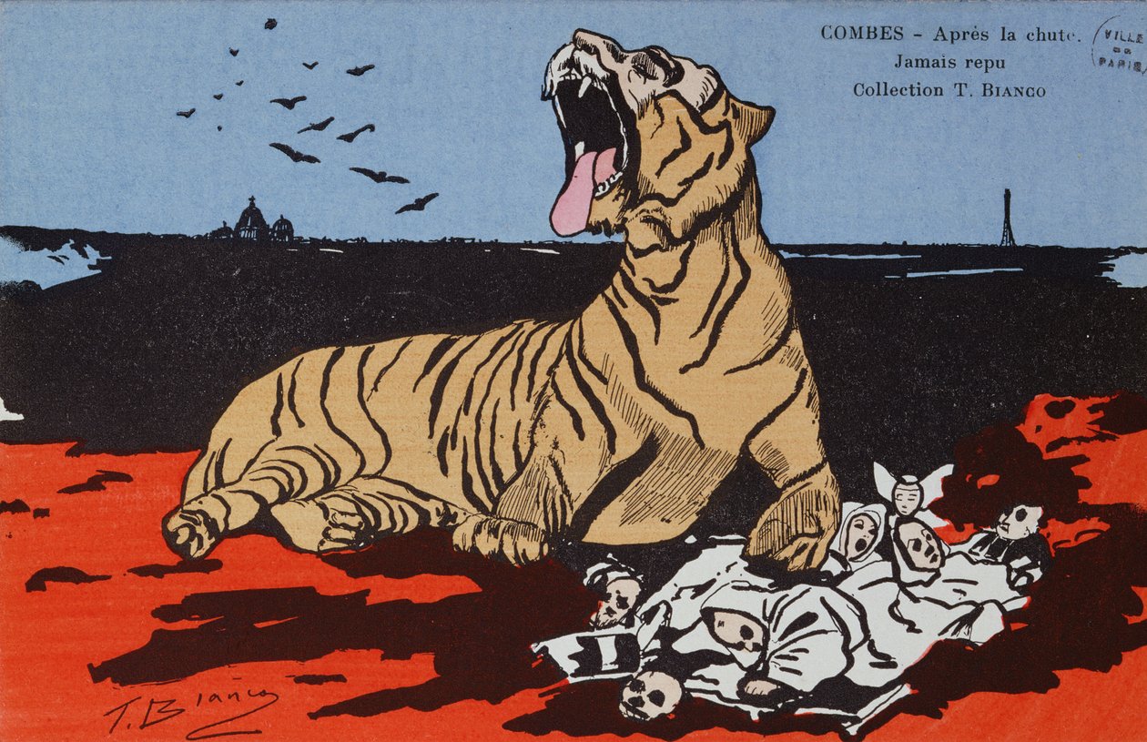 Karikatura Justin-Louis-Emile Combes (1835-1921) jako tygr požírající kněze, obálka 