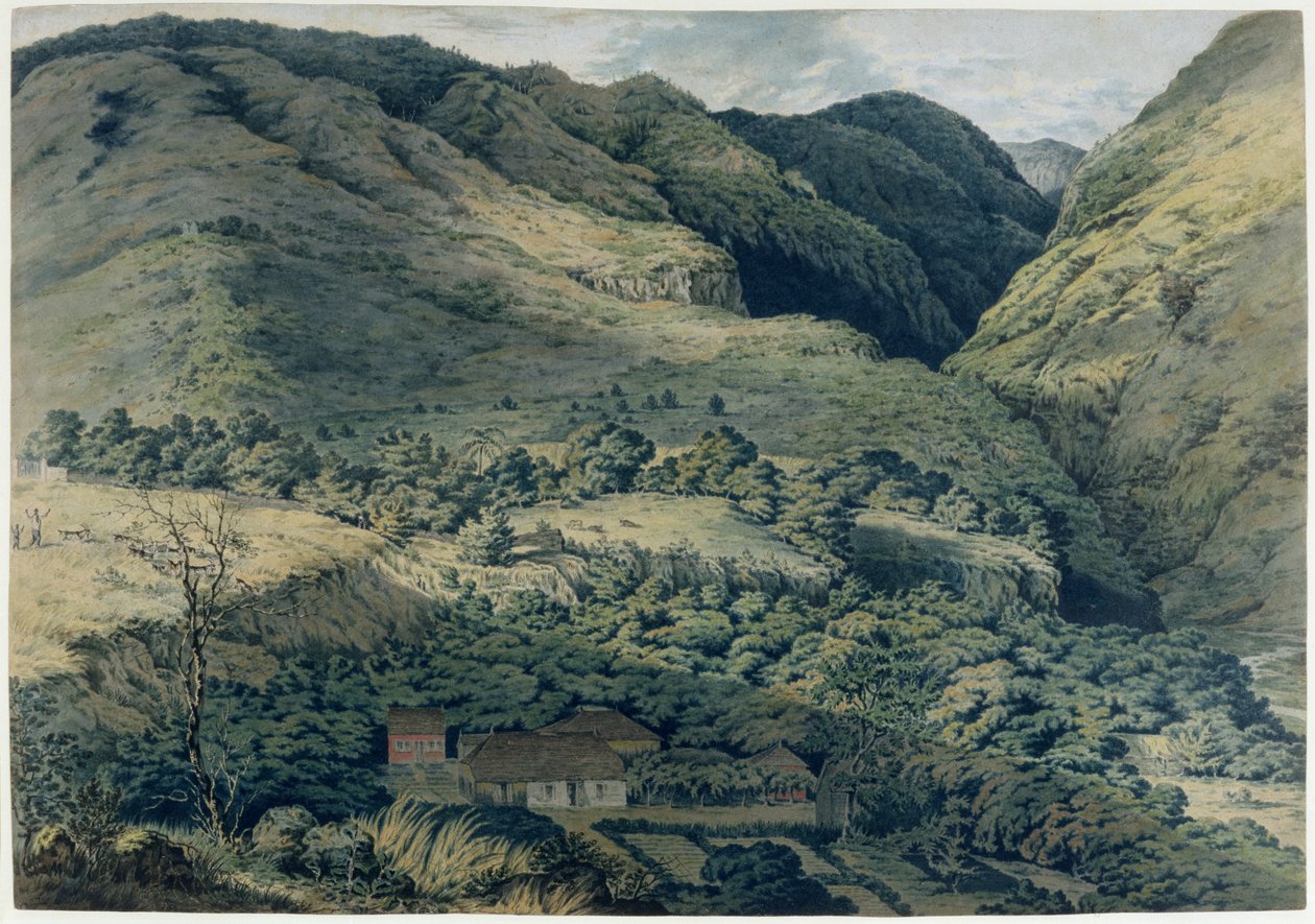 Rokle a řeka v St. Denis, Bourbon, 1814 od T. Bradshaw