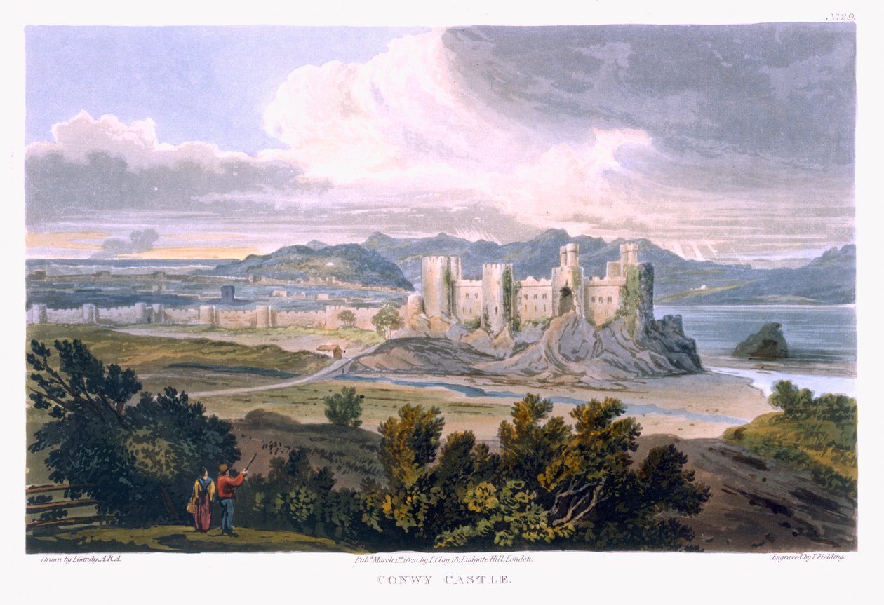 Hrad Conwy, 1820 (barevná rytina) od T. Gandy