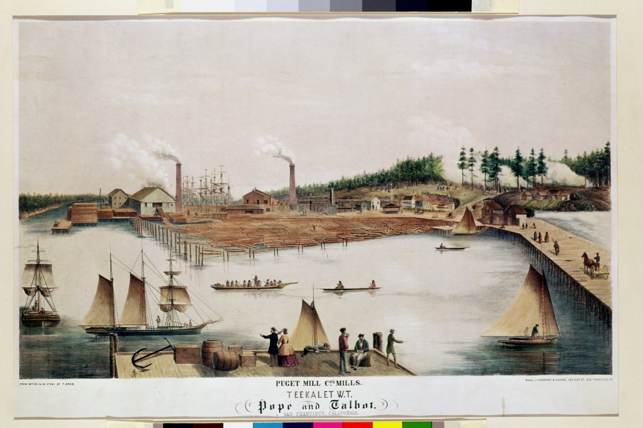 Pohled na Lumber Mill společnosti Puget Mill Company v Teekalet, 1856 od T. Grob