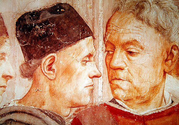 Detail hodnostářů ze Vzkříšení syna Theophila a svatého Petra intronizovaného jako prvního biskupa Antiochie, kolem roku 1427 a kolem roku 1484-85 od Tommaso Masaccio