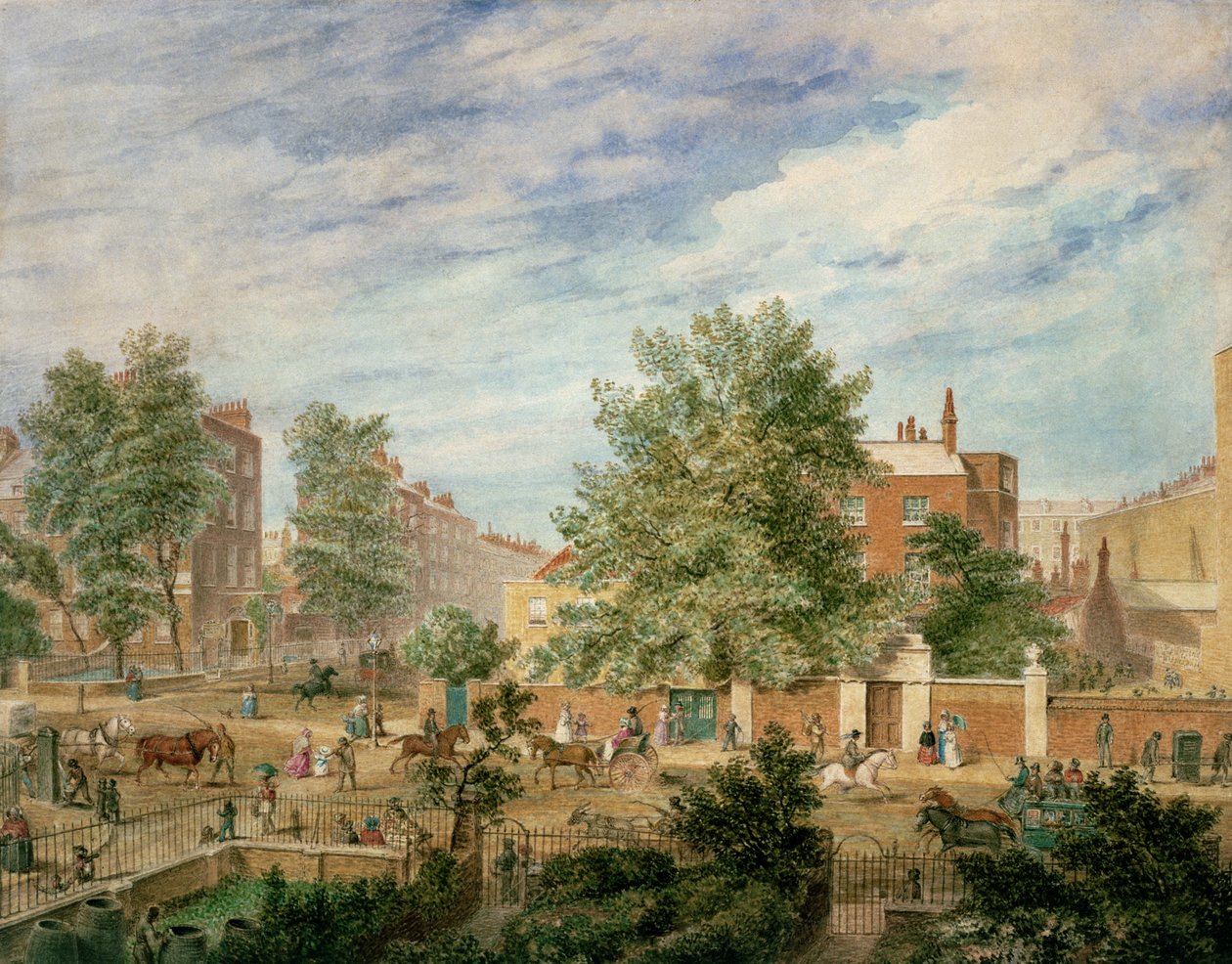 Marylebone Road na křižovatce s Lisson Grove ukazuje filologickou školu v létě 1849 od T. Paul Fisher