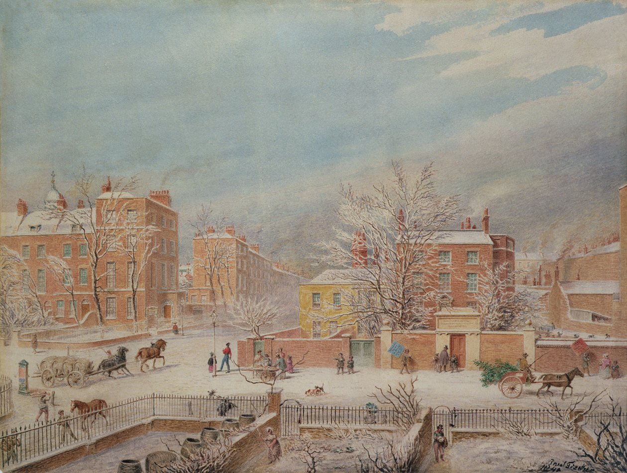 Marylebone Road na křižovatce s Lisson Grove a Stingo Lane ukazuje filologickou školu v zimě, 1849 od T. Paul Fisher