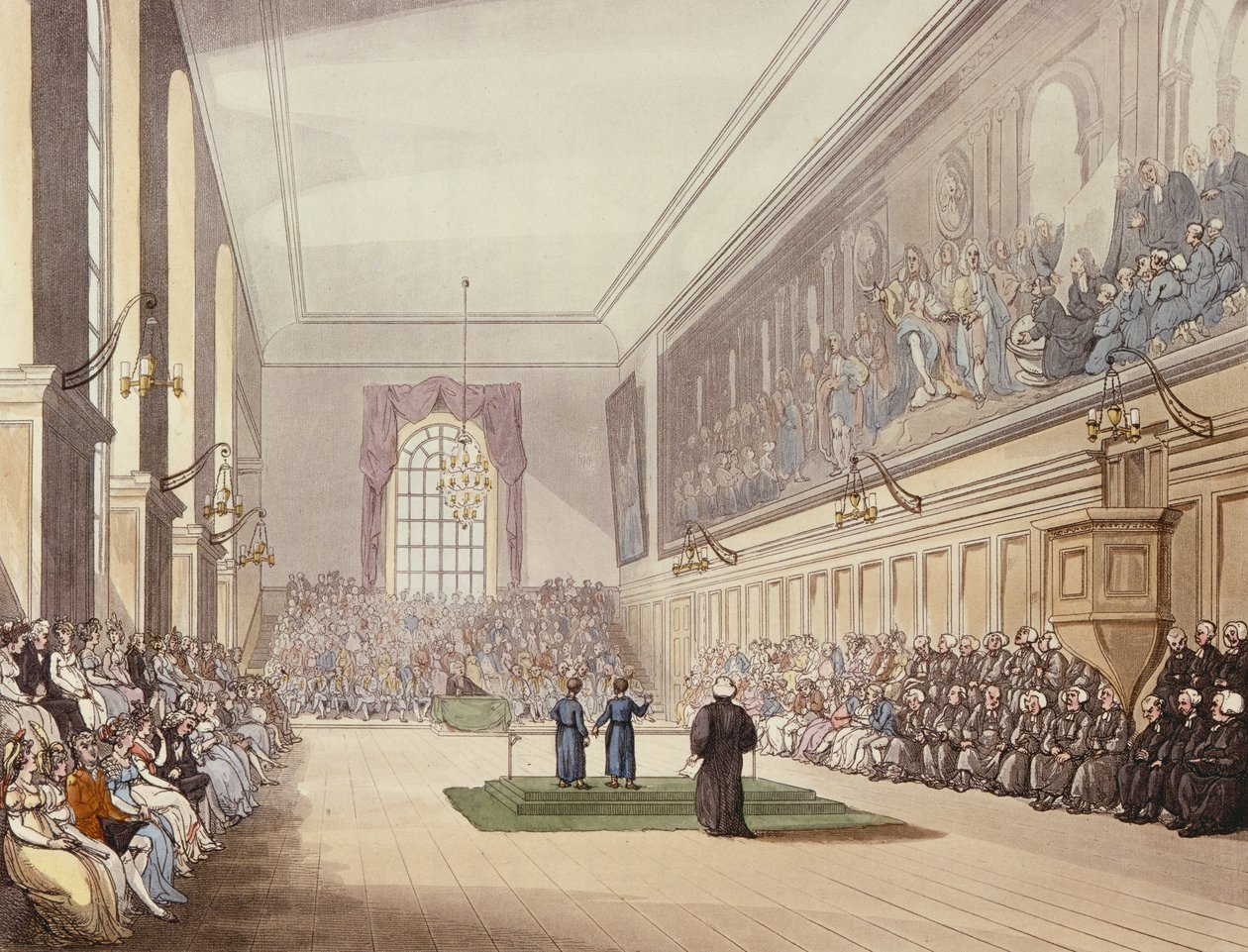 The Hall, Blue Coat School, z „Ackermannova mikrokosmu Londýna“, vyryl J. Hill, 1808 od T. Rowlandson