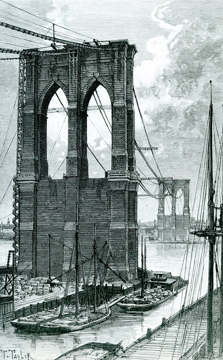 Brooklyn Bridge Under Construction, nakreslený podle fotografie, 1878 od T. Taylor