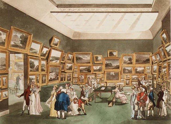 Old Bond Street: Výstava akvarelových kreseb z Ackermanova mikrokosmu z Londýna od T. and Pugin Rowlandson