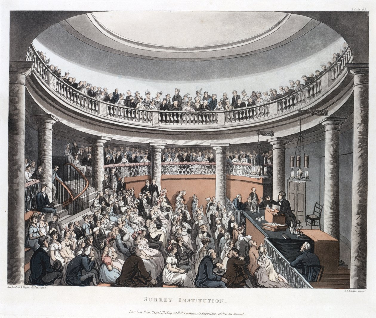 Surrey Institution, Blackfriars, z Ackermanns Microcosm of London, vyryl Joseph Constantine Stadler (fl.1780-1812) 1808 (barevná akvatinta) od T. and Pugin Rowlandson
