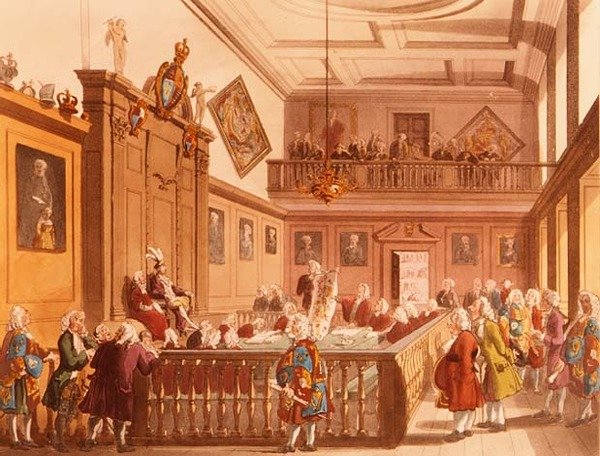 Rytířský dvůr na zasedání v Earl Marshals Court na College of Arms z Ackermanns Microcosm of London, 1809 od T. and Pugin Rowlandson