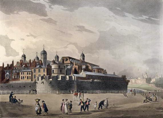 Pohled na věž, z Ackermanns Microcosm of London, Volume III, Pub. 1809 (ručně kolorovaná akvatinta) od T. and Pugin Rowlandson