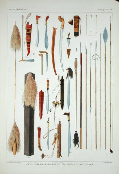 Zbraně z Bornea, z „Rozpravy o přirozené historii holandského zámořského majetku“, svazek I, od Coenraada Jacoba Temmincka, vyryl J.M. Kierdorff, publikoval 1839-44 (barevná litografie) od T.C. (after) Bruining