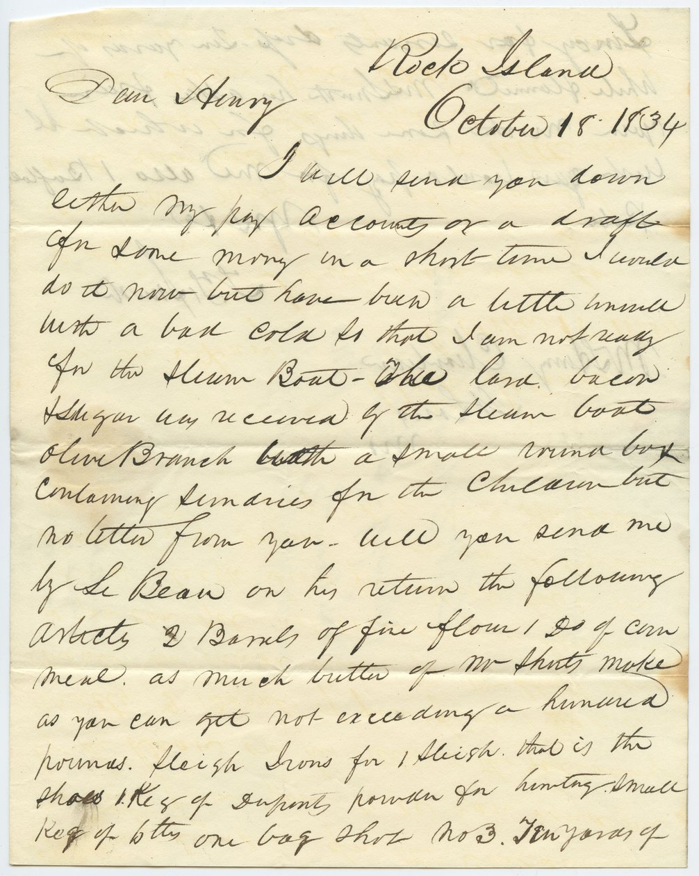 Dopis podepsaný T.F. Smith, Rock Island, Henry Chouteau, St. Louis, MO, 18. října 1834 od T.F. Smith