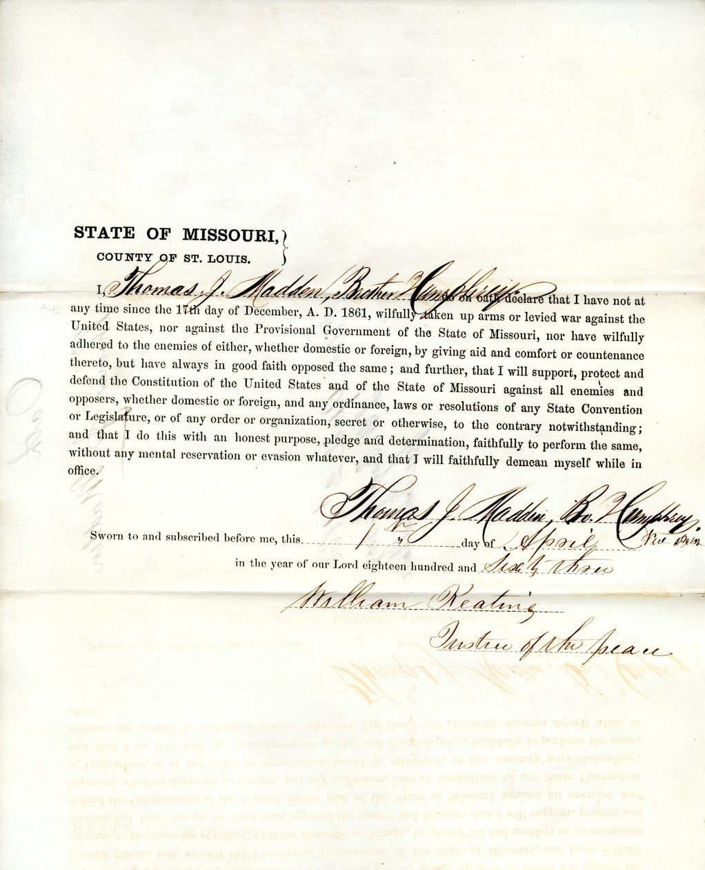 Věrnostní přísaha Thomase J. Maddena z Missouri, hrabství St. Louis od T.J. Madden