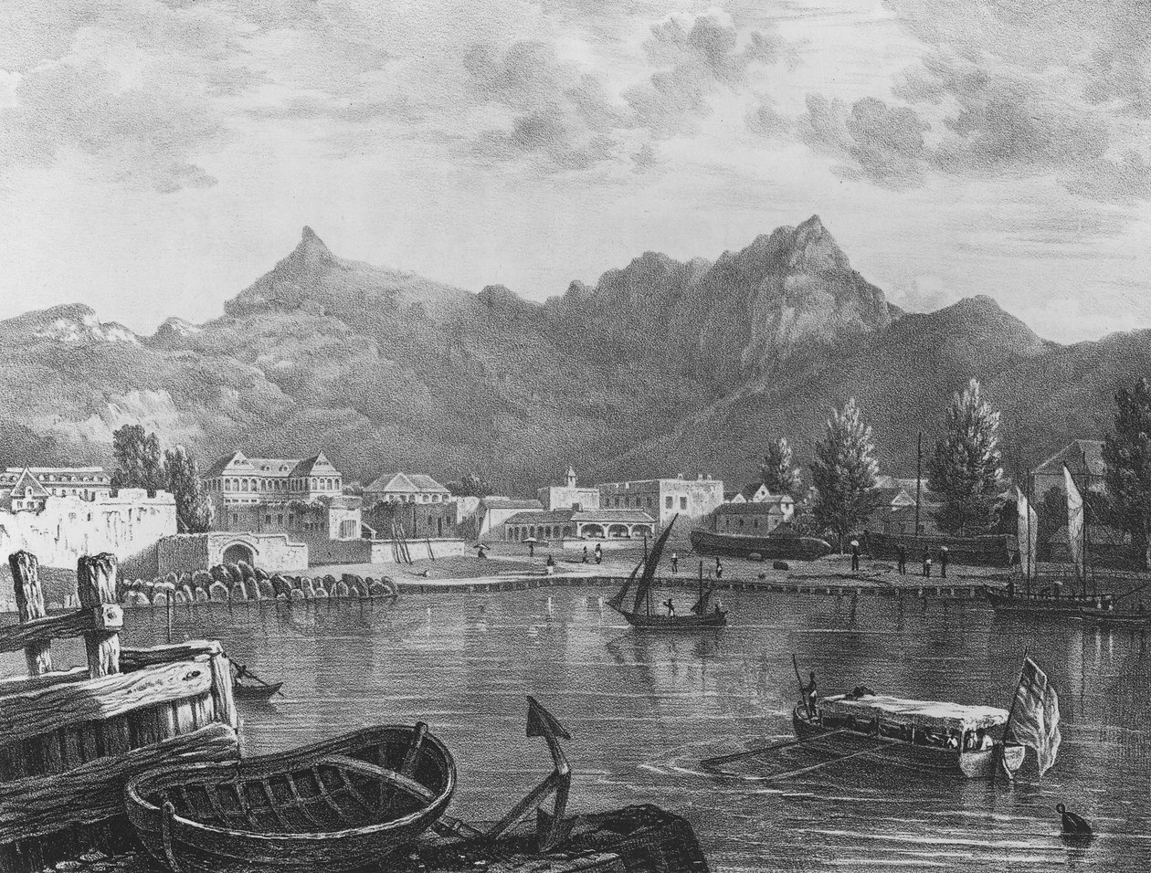 Port Louis, Mauricius, z východní strany přístavu, cca 1830 (litografie) od T. (after) Bradshaw