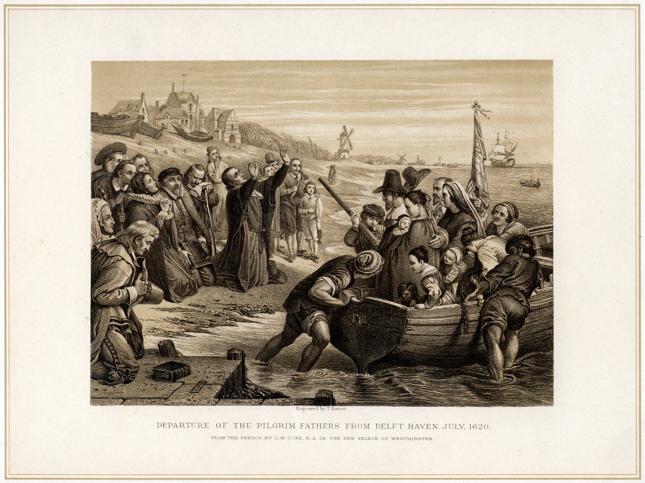 „Odchod otců poutníků z Delft Haven, červenec 1620“, 19. století. od T Bauer