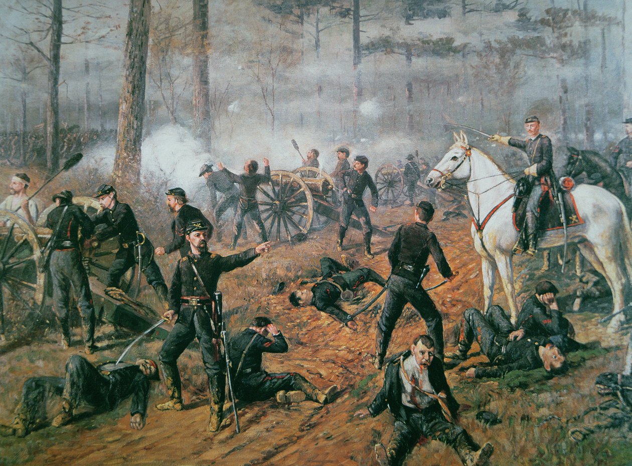 Baterie kapitána Hickenloopera v Sršním hnízdě v bitvě u Shiloh, duben 1862 (barevně lito) od T. C. Lindsay