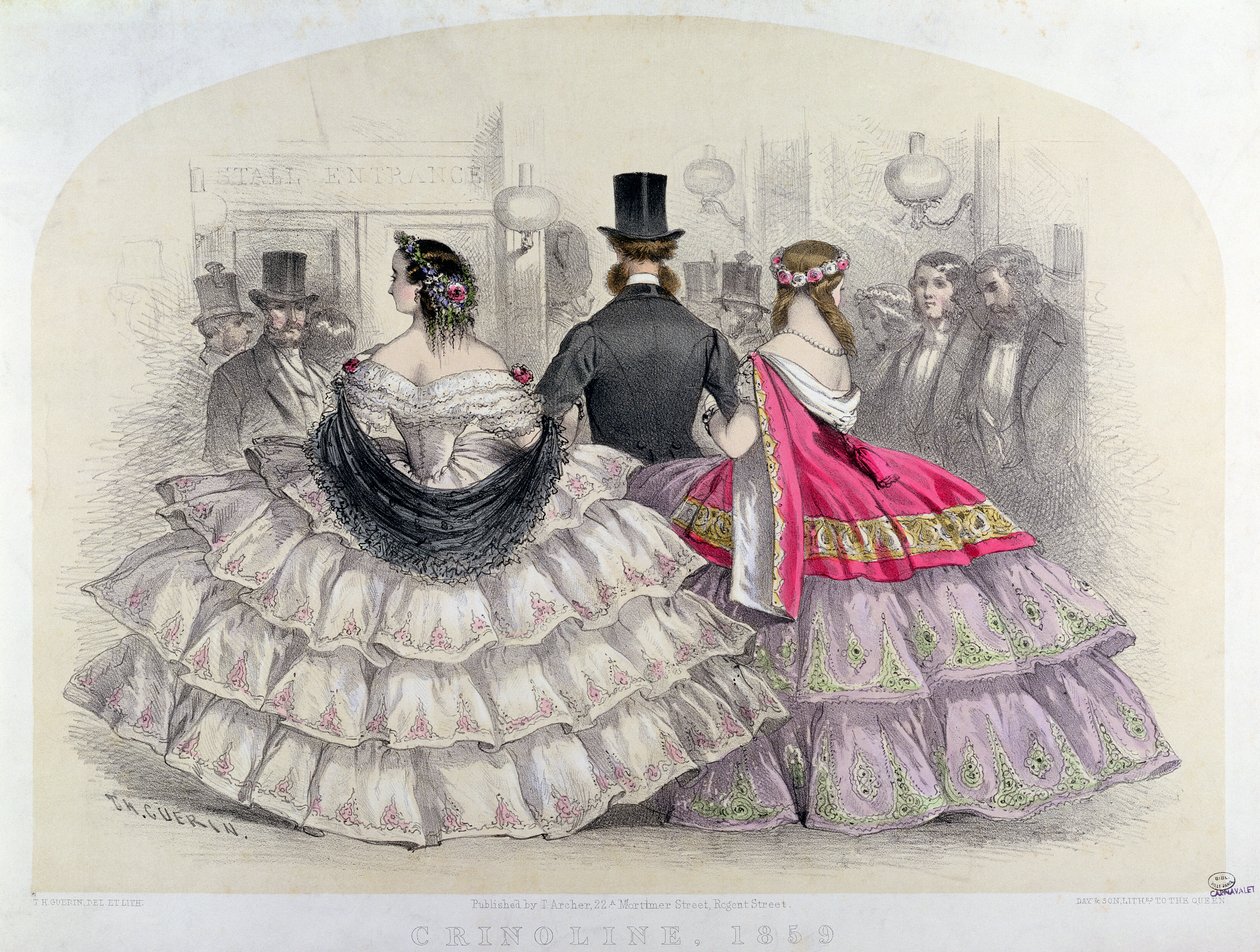 Dámy v krinolínách v Královské italské opeře, Covent Garden, 1859 (barevná rytina) od T. H. Guerin
