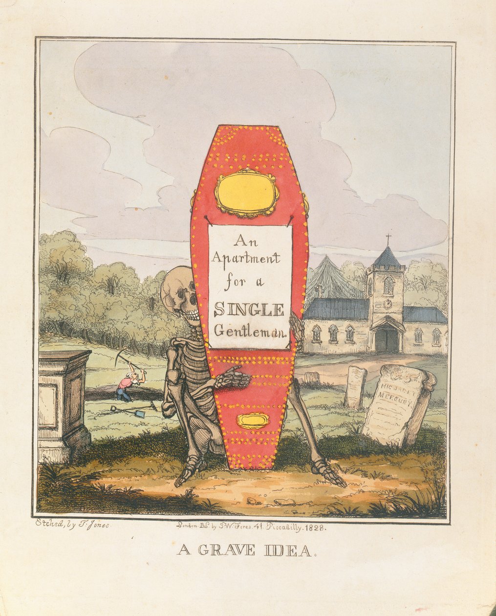 Hrobový nápad: Byt pro svobodného gentlemana, hospoda. 1828 (barevná rytina) od T. Hampson Jones