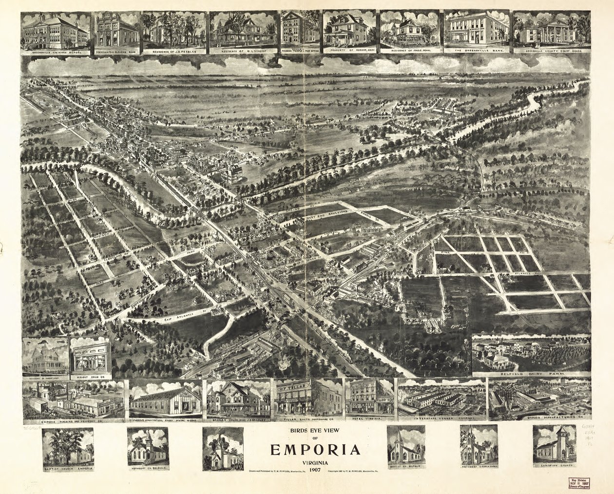 Pohled z ptačí perspektivy na Emporia, Virginie 1907. od T. M. Fowler