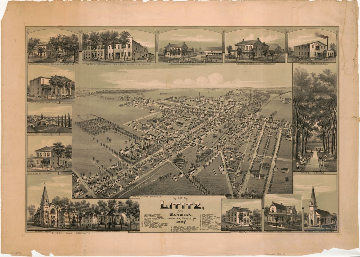 Pohled na Lititz a Warwick, Lancaster County, PA: 1887 od T. M. Fowler