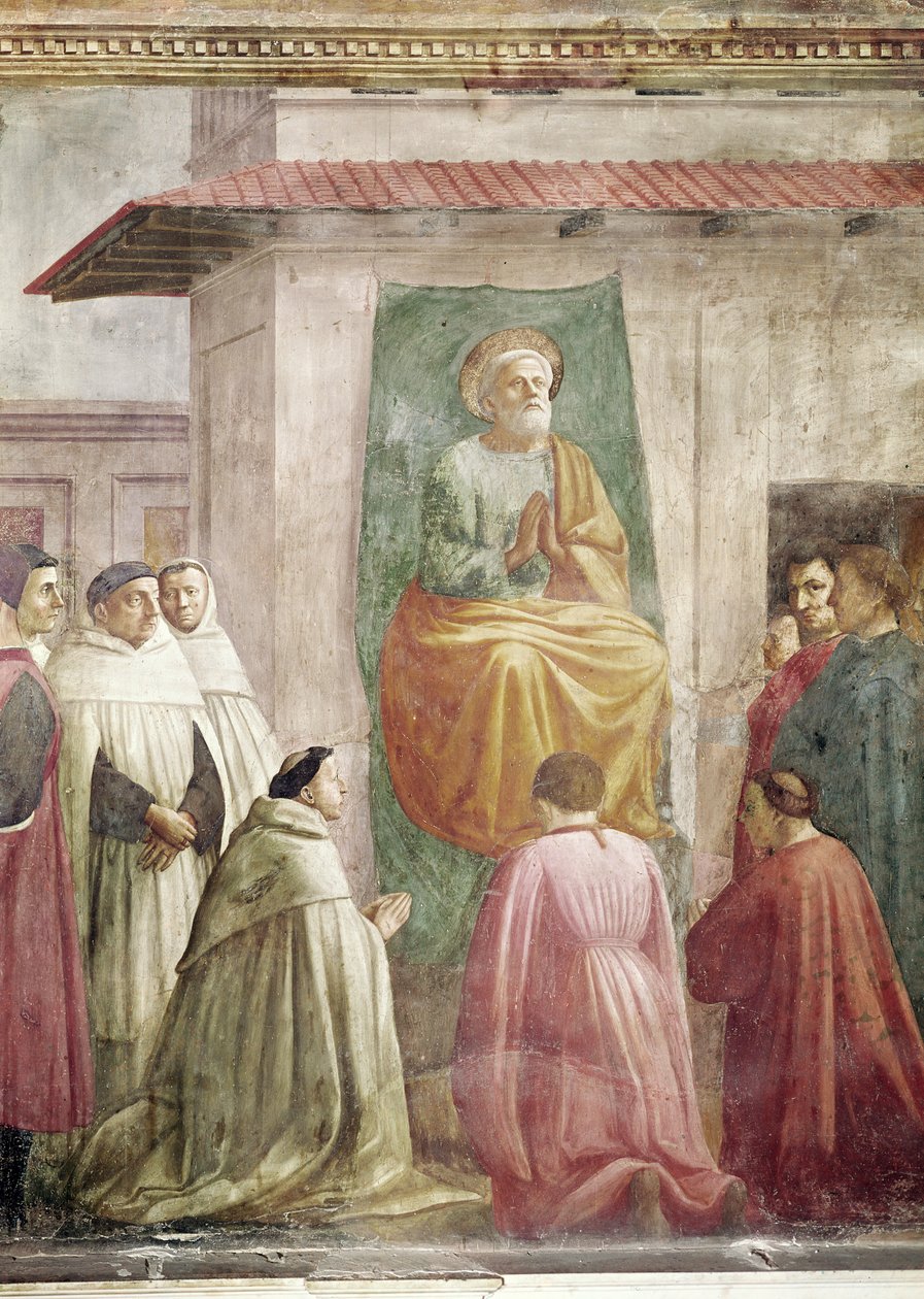 Svatý Petr na trůnu, od Vzkříšení syna Theophila, a svatý Petr intronizovaný jako první biskup Antiochie, kolem roku 1427 a kolem roku 1484-85 (podrobnosti 63302) od Tommaso Masaccio