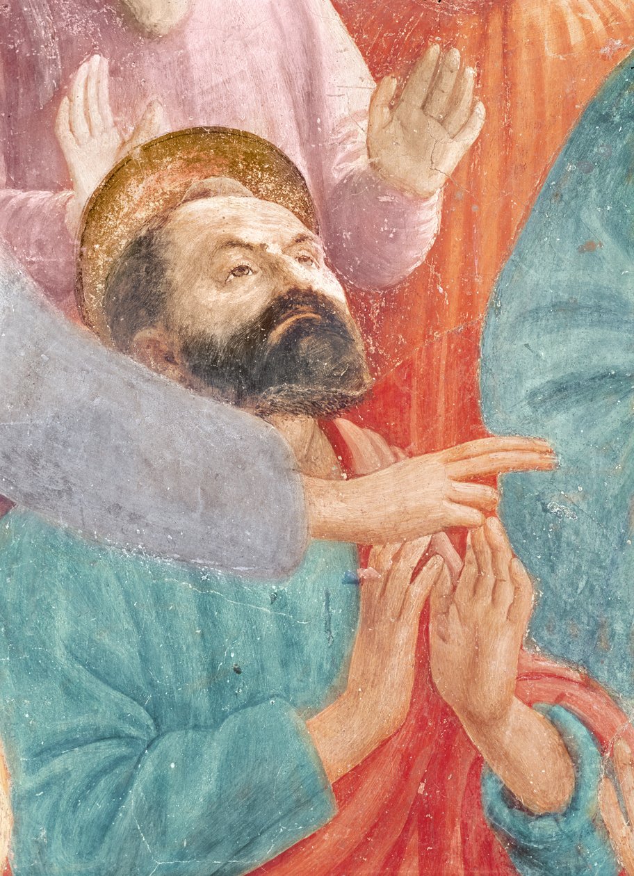 Hlava svatého Pavla ze vzkříšení Theophilova syna a svatého Petra intronizovaného jako prvního biskupa Antiochie, kolem roku 1427 a kolem roku 1484-85 (detail 63302) od Tommaso Masaccio