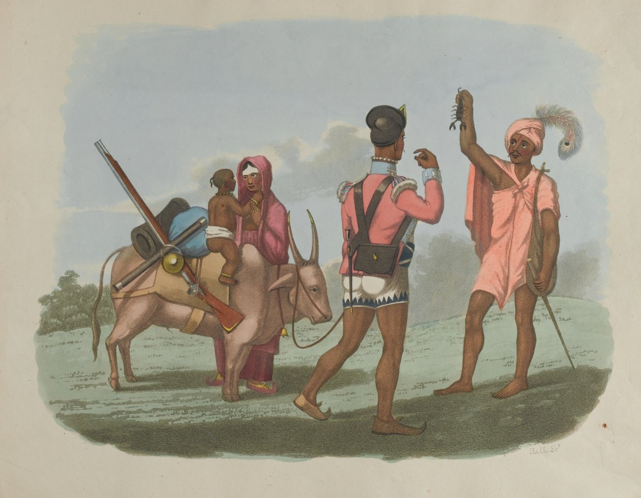 Bengálský Sepoy a jeho rodina se setkali s jednou z kasty Byraggee, kolem roku 1799 od T. Medland