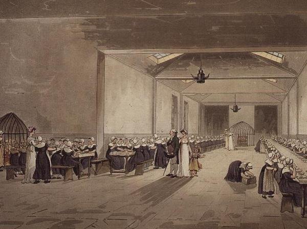 Jídelna, azyl, z Ackermannova „Mikrokosmu Londýna“ od T. and Pugin A.C. Rowlandson