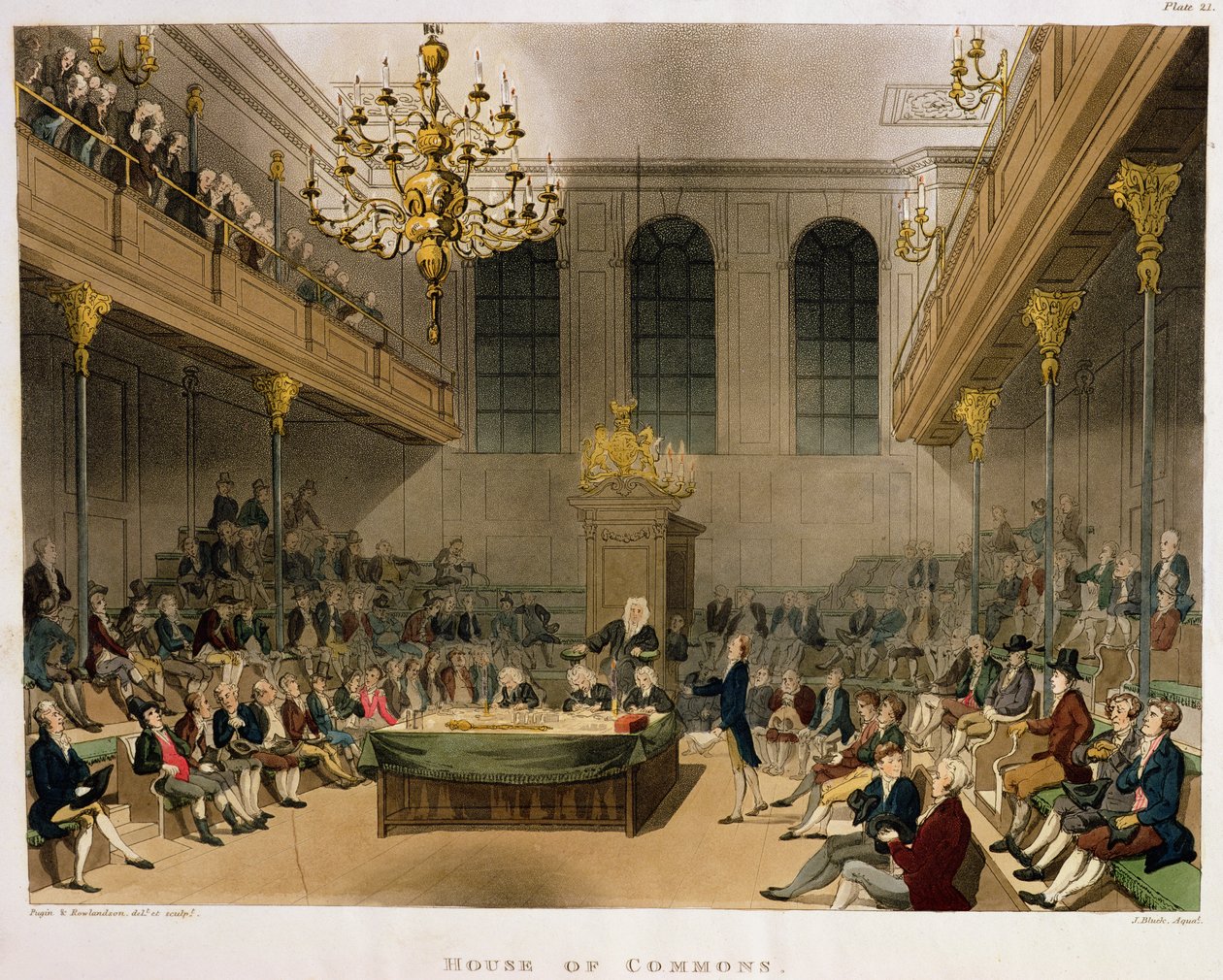 Interiér Dolní sněmovny, z Ackermannova „Microcosmos of London“ od T. and Pugin A.C. Rowlandson