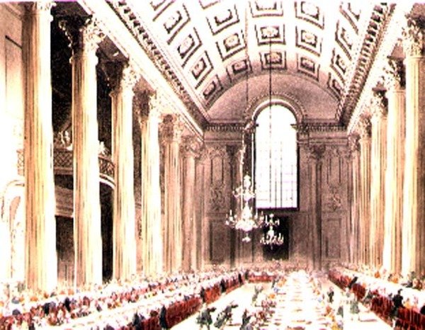 Egyptský sál, Mansion House, z Ackermannova „Microcosmos of London“ od T. and Pugin A.C. Rowlandson