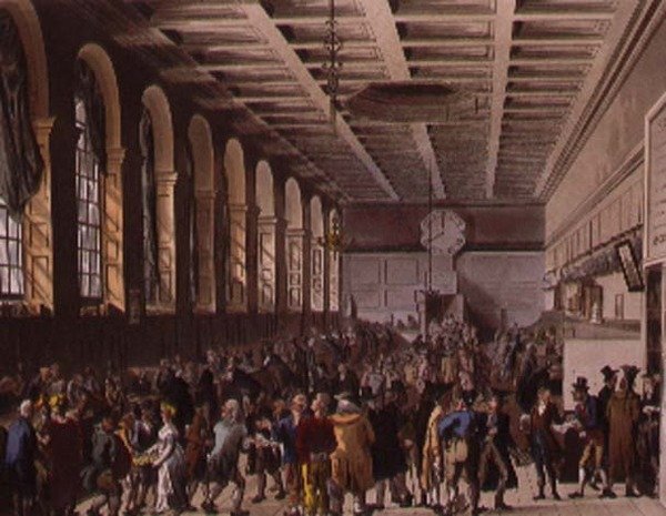 Custom House, The Long Room z Ackermannova „Microcosmos of London“ od T. and Pugin A.C. Rowlandson