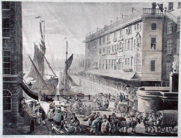 Billingsgate Market, rytina J. Blucka (fl.1791-1819) (akvatinta) od T. and Pugin A.C. (after) Rowlandson