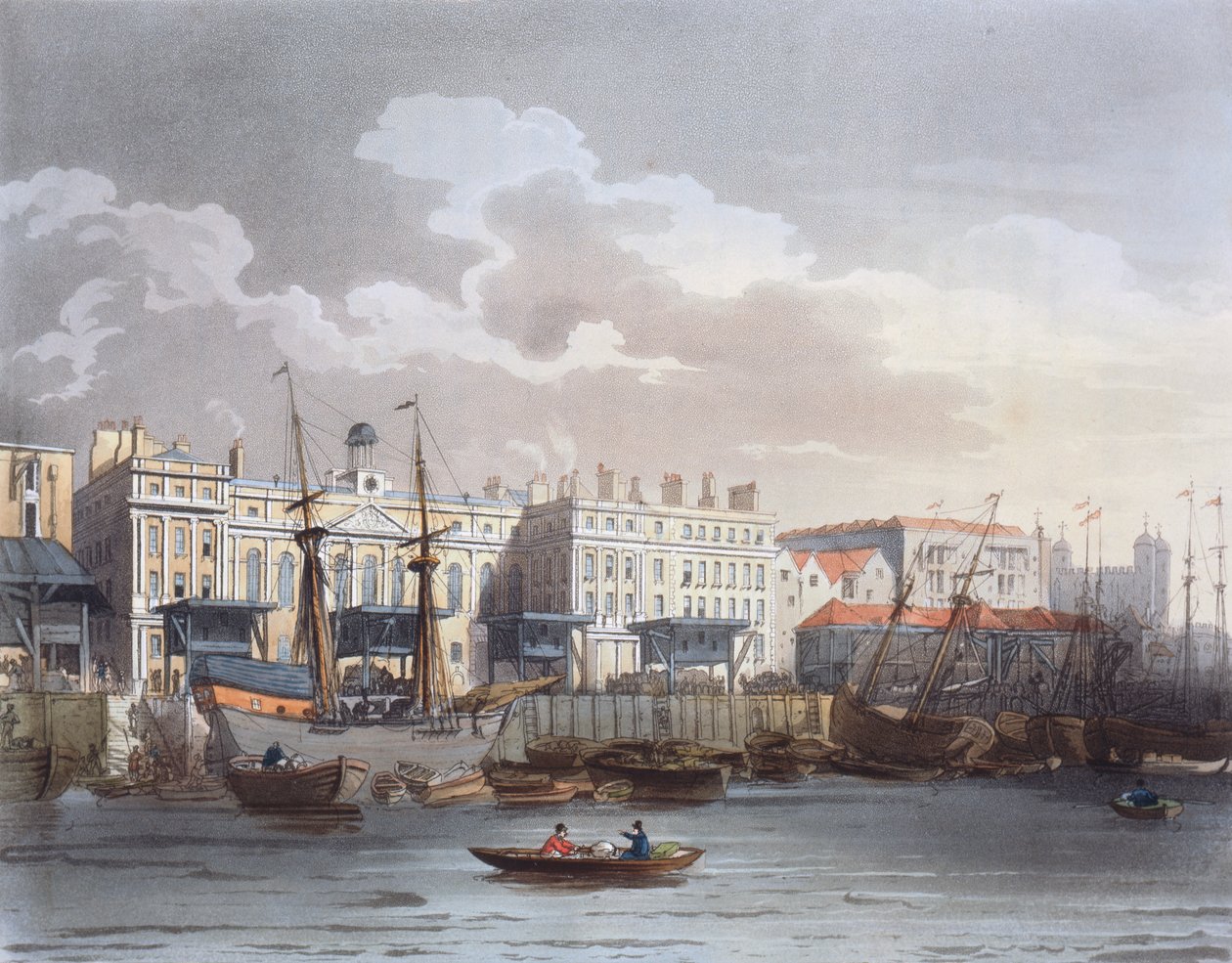 Custom House od řeky Temže, z Ackermannova „Microcosm of London“, vyrytý Johnem Bluckem (fl. 1791-1819) od T. and Pugin A.C. (after) Rowlandson